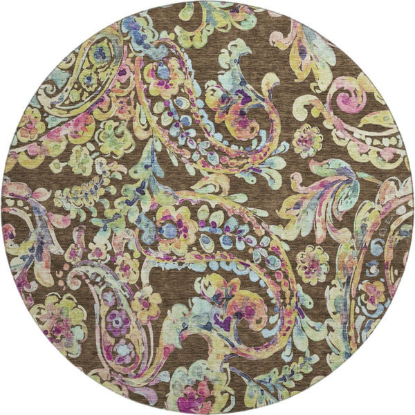 HomeRoots 8' Washable Round Rug with Chocolate, Blue & Pink Paisley Design – UV Protection, Durable & Stylish! 666947