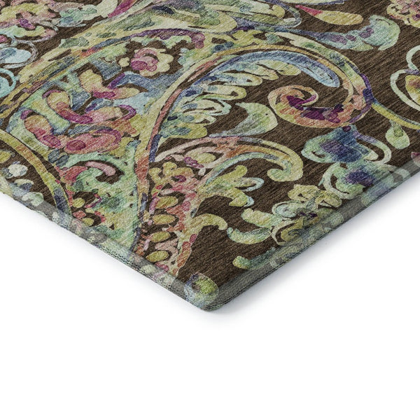 HomeRoots 8' Washable Round Rug with Chocolate, Blue & Pink Paisley Design – UV Protection, Durable & Stylish! 666947