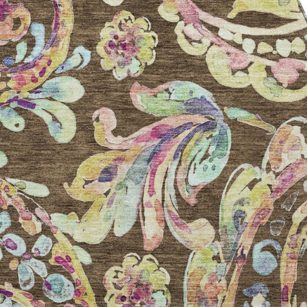 HomeRoots 8' Washable Round Rug with Chocolate, Blue & Pink Paisley Design – UV Protection, Durable & Stylish! 666947