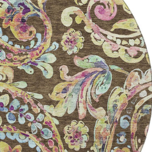HomeRoots 8' Washable Round Rug with Chocolate, Blue & Pink Paisley Design – UV Protection, Durable & Stylish! 666947