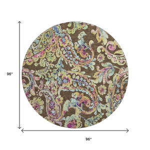 HomeRoots 8' Washable Round Rug with Chocolate, Blue & Pink Paisley Design – UV Protection, Durable & Stylish! 666947
