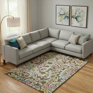 HomeRoots 8' X 10' Elegant Paisley Washable Area Rug in Chocolate, Blue & Pink with UV Protection & Durability 666948