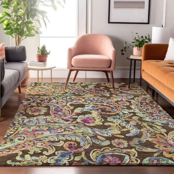 HomeRoots 8' X 10' Elegant Paisley Washable Area Rug in Chocolate, Blue & Pink with UV Protection & Durability 666948