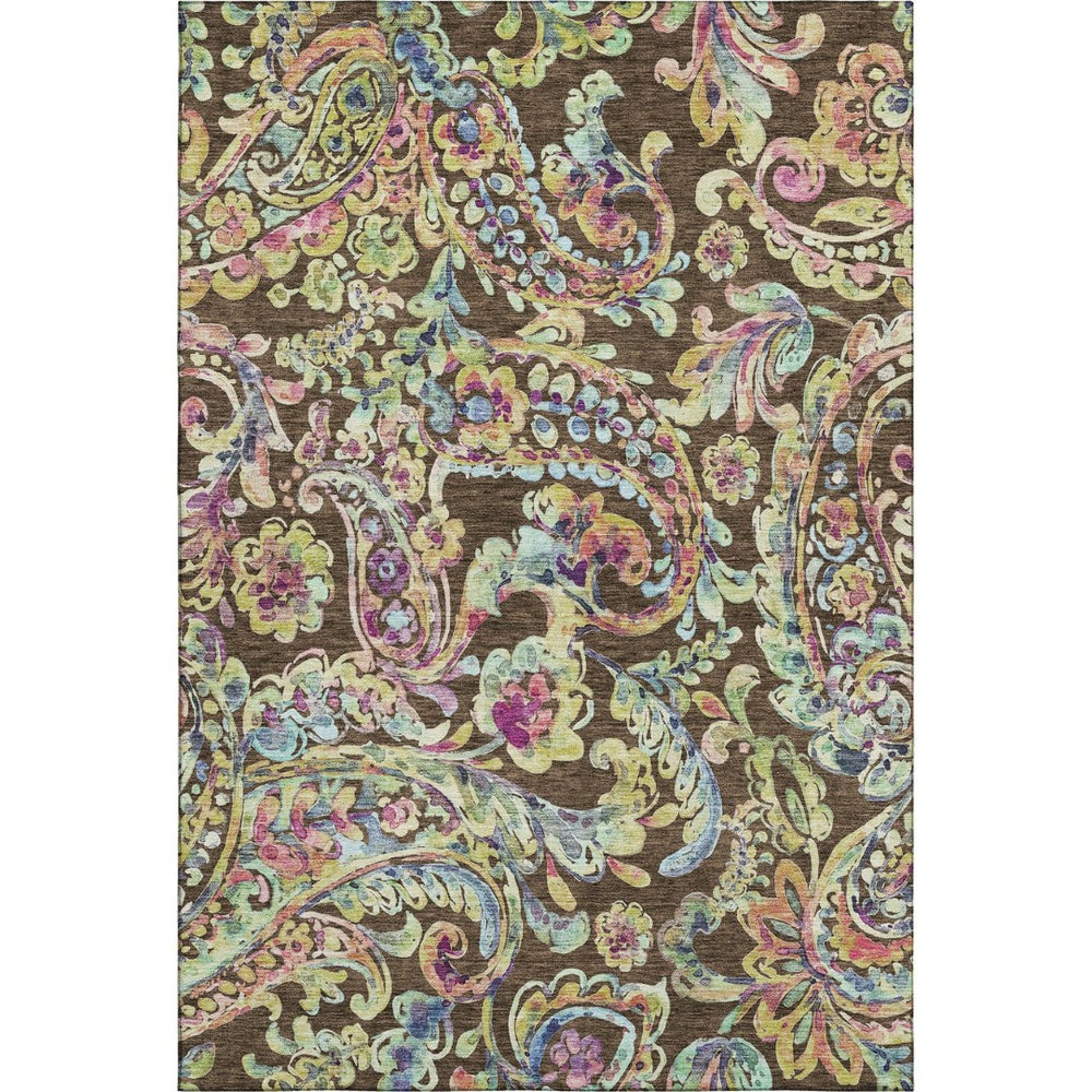 HomeRoots 9' X 12' Washable Paisley Area Rug in Chocolate, Blue & Pink – UV Protection & Stain Resistant! 666949