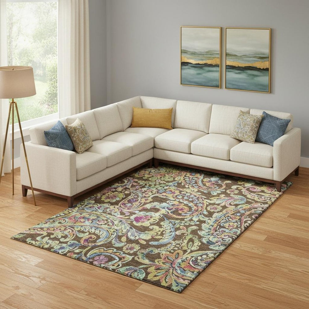 HomeRoots 10' X 14' Washable Paisley Area Rug in Chocolate, Blue & Pink - Durable, UV-Protected & Stylish! 666950