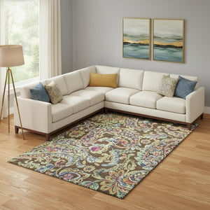 HomeRoots 10' X 14' Washable Paisley Area Rug in Chocolate, Blue & Pink - Durable, UV-Protected & Stylish! 666950