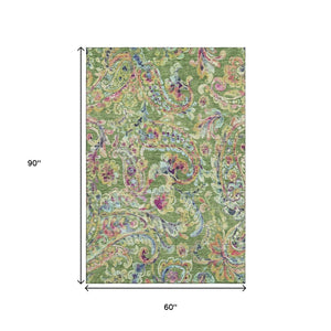 HomeRoots 5' X 8' Washable Paisley Area Rug in Fern Green, Blue & Pink - Stain Resistant with UV Protection! 666952