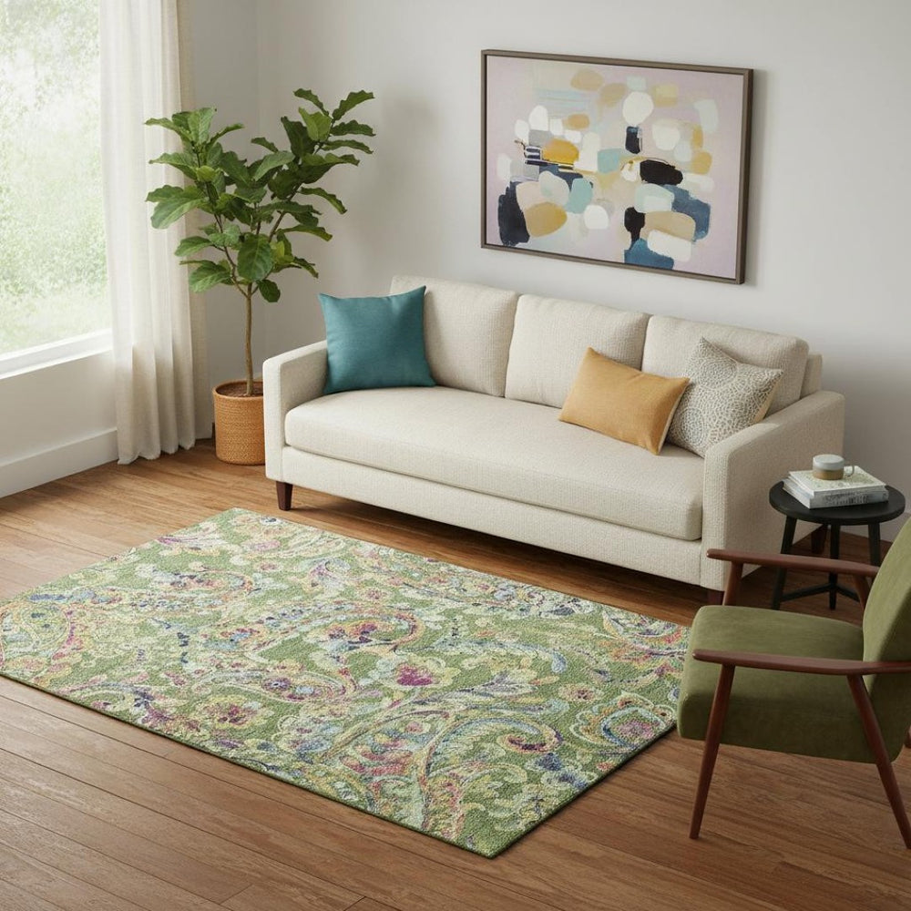 HomeRoots 5' X 8' Washable Paisley Area Rug in Fern Green, Blue & Pink - Stain Resistant with UV Protection! 666952