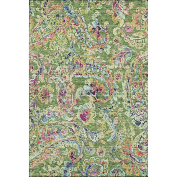 HomeRoots 5' X 8' Washable Paisley Area Rug in Fern Green, Blue & Pink - Stain Resistant with UV Protection! 666952