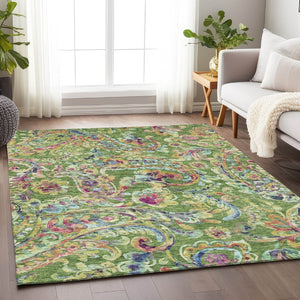 HomeRoots 5' X 8' Washable Paisley Area Rug in Fern Green, Blue & Pink - Stain Resistant with UV Protection! 666952