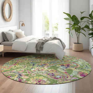 HomeRoots 8' Vibrant Paisley Round Rug in Fern Green, Blue & Pink - Washable, UV-Protected & Stain-Resistant! 666953