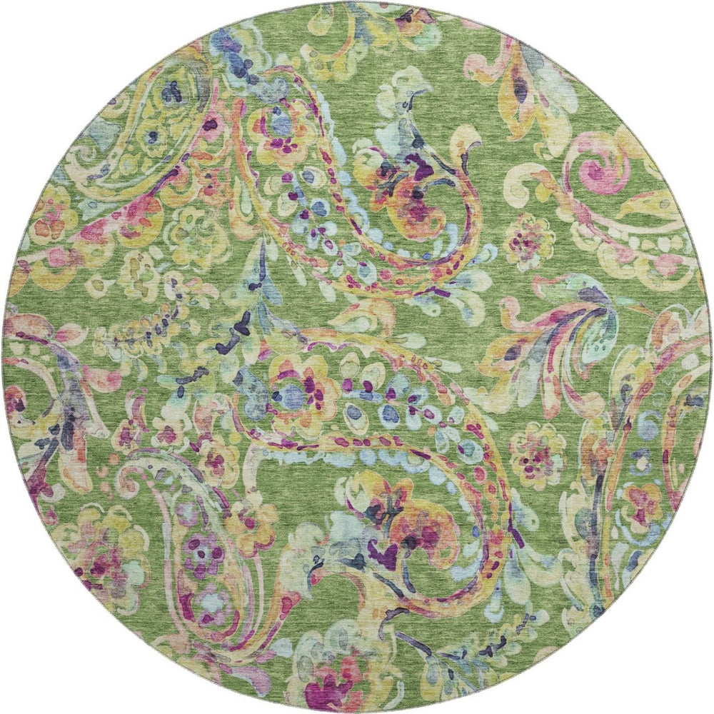HomeRoots 8' Vibrant Paisley Round Rug in Fern Green, Blue & Pink - Washable, UV-Protected & Stain-Resistant! 666953
