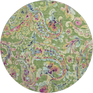 HomeRoots 8' Vibrant Paisley Round Rug in Fern Green, Blue & Pink - Washable, UV-Protected & Stain-Resistant! 666953