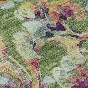 HomeRoots 8' Vibrant Paisley Round Rug in Fern Green, Blue & Pink - Washable, UV-Protected & Stain-Resistant! 666953