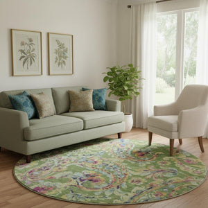 HomeRoots 8' Vibrant Paisley Round Rug in Fern Green, Blue & Pink - Washable, UV-Protected & Stain-Resistant! 666953