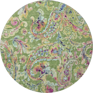 HomeRoots 8' Vibrant Paisley Round Rug in Fern Green, Blue & Pink - Washable, UV-Protected & Stain-Resistant! 666953
