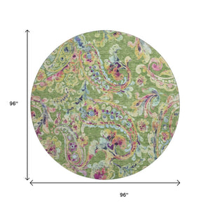 HomeRoots 8' Vibrant Paisley Round Rug in Fern Green, Blue & Pink - Washable, UV-Protected & Stain-Resistant! 666953