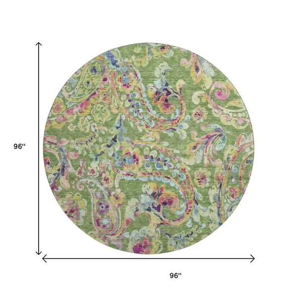 HomeRoots 8' Vibrant Paisley Round Rug in Fern Green, Blue & Pink - Washable, UV-Protected & Stain-Resistant! 666953