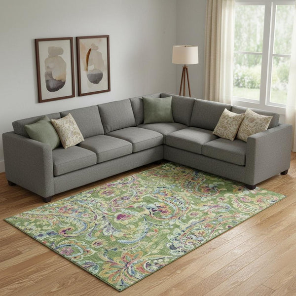 HomeRoots 8' X 10' Washable Paisley Area Rug in Fern Green, Blue & Pink - UV Protected, Stain Resistant, Durable 666954