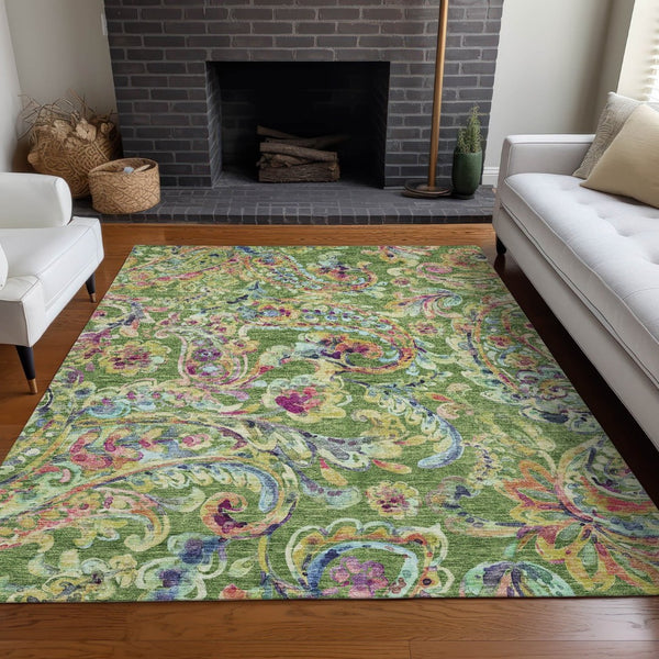 HomeRoots 8' X 10' Washable Paisley Area Rug in Fern Green, Blue & Pink - UV Protected, Stain Resistant, Durable 666954