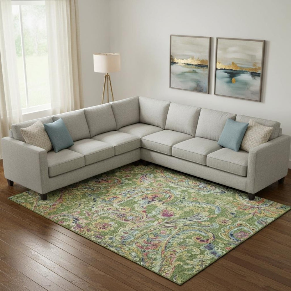 HomeRoots 9' X 12' Fern Green, Blue & Pink Paisley Area Rug – Washable, UV-Protected, Stylish & Durable Design 666955