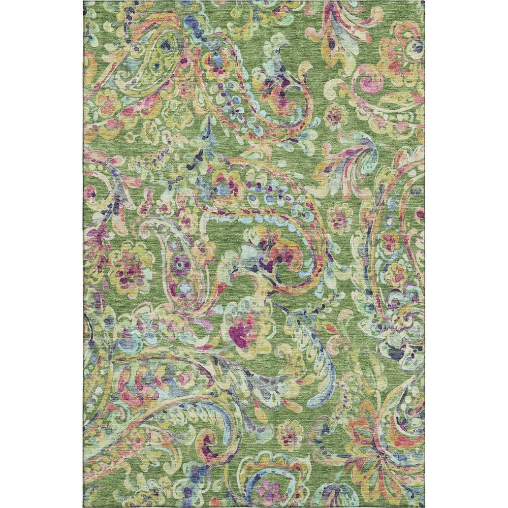 HomeRoots 9' X 12' Fern Green, Blue & Pink Paisley Area Rug – Washable, UV-Protected, Stylish & Durable Design 666955
