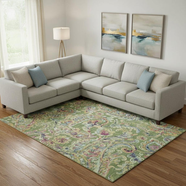 HomeRoots 10' Paisley Area Rug in Fern Green, Blue & Pink – Washable, UV-Protected, Perfect for Homes & Patios 666956