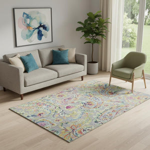 HomeRoots 5' X 8' Gray Blue Pink Paisley Washable Area Rug - Stylish, Durable, UV-Protected for Any Room 666958