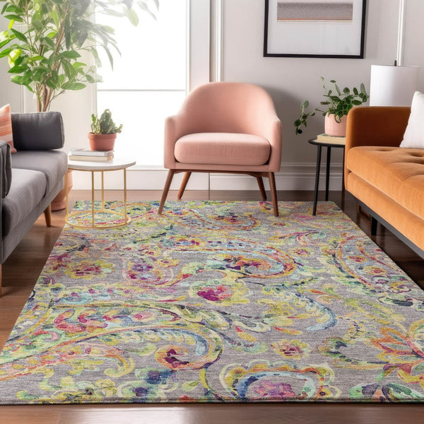 HomeRoots 5' X 8' Gray Blue Pink Paisley Washable Area Rug - Stylish, Durable, UV-Protected for Any Room 666958
