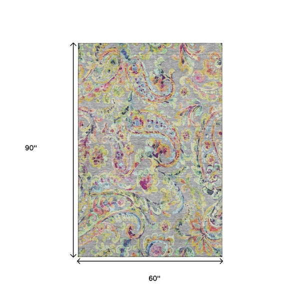 HomeRoots 5' X 8' Gray Blue Pink Paisley Washable Area Rug - Stylish, Durable, UV-Protected for Any Room 666958