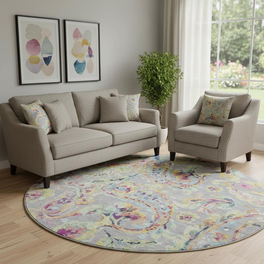 HomeRoots 8' Washable Paisley Round Rug in Gray, Blue & Pink with UV Protection - Durable & Stylish Home Décor 666959
