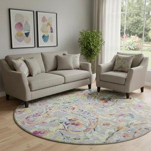 HomeRoots 8' Washable Paisley Round Rug in Gray, Blue & Pink with UV Protection - Durable & Stylish Home Décor 666959