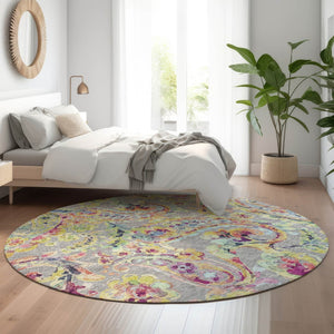 HomeRoots 8' Washable Paisley Round Rug in Gray, Blue & Pink with UV Protection - Durable & Stylish Home Décor 666959