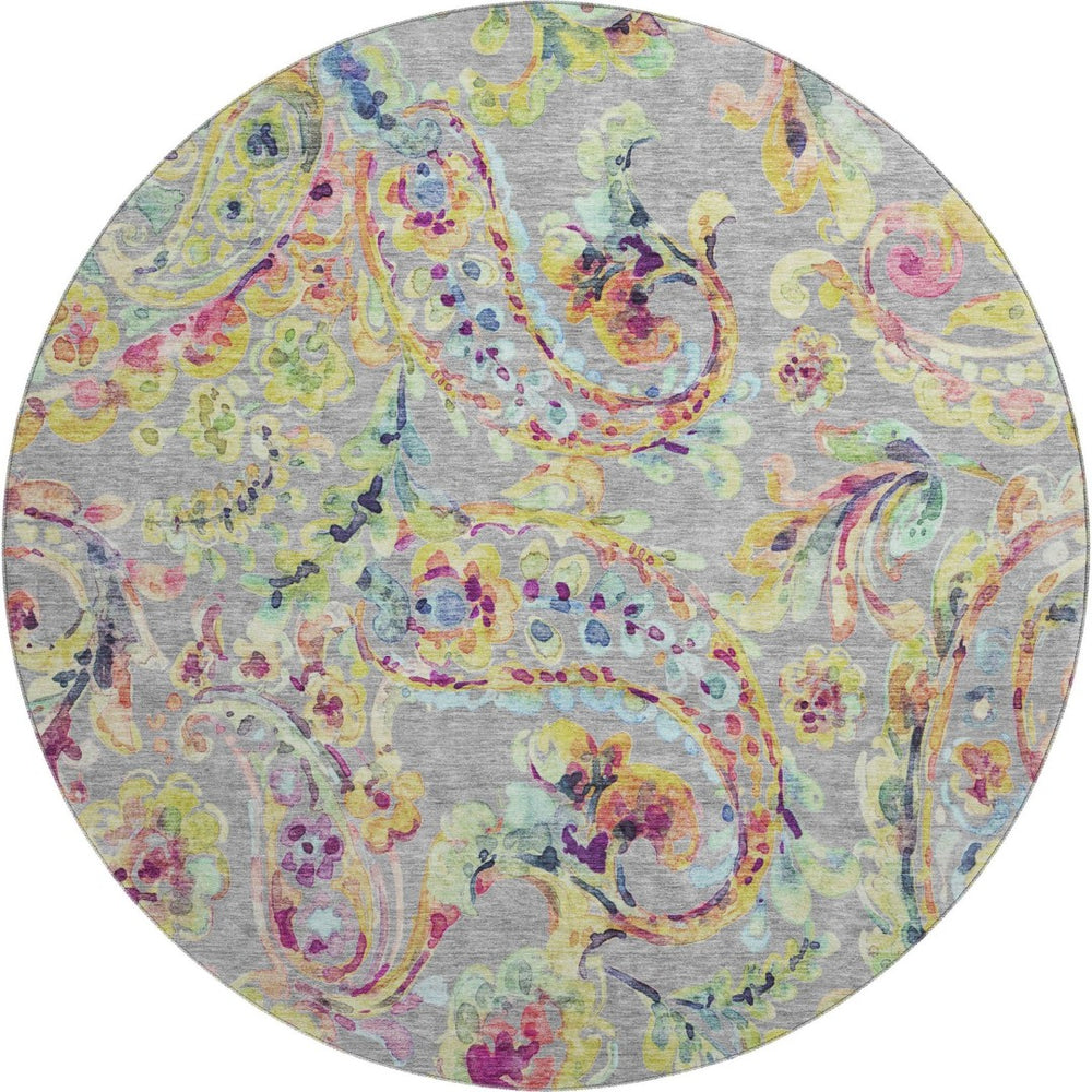 HomeRoots 8' Washable Paisley Round Rug in Gray, Blue & Pink with UV Protection - Durable & Stylish Home Décor 666959