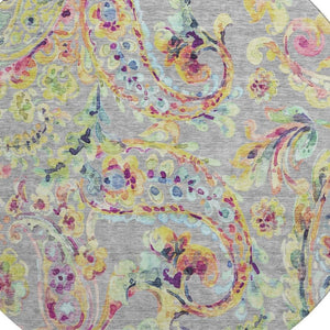 HomeRoots 8' Washable Paisley Round Rug in Gray, Blue & Pink with UV Protection - Durable & Stylish Home Décor 666959