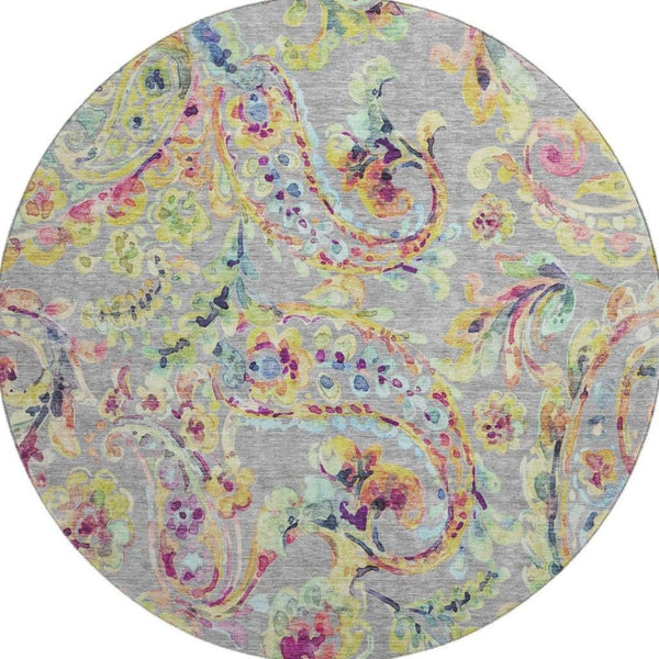 HomeRoots 8' Washable Paisley Round Rug in Gray, Blue & Pink with UV Protection - Durable & Stylish Home Décor 666959