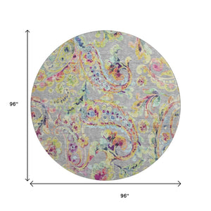 HomeRoots 8' Washable Paisley Round Rug in Gray, Blue & Pink with UV Protection - Durable & Stylish Home Décor 666959
