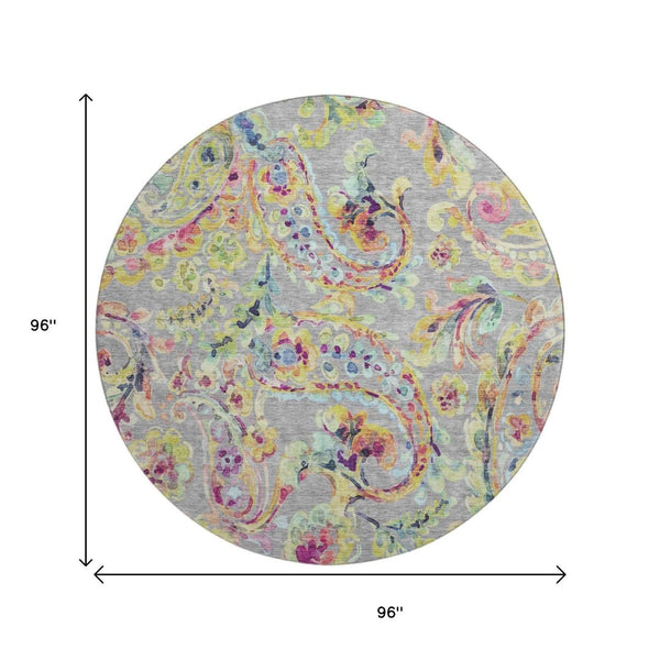 HomeRoots 8' Washable Paisley Round Rug in Gray, Blue & Pink with UV Protection - Durable & Stylish Home Décor 666959
