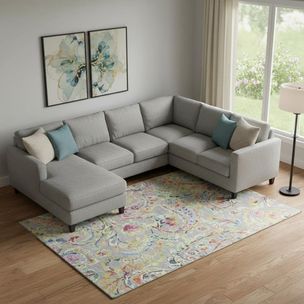 HomeRoots 8' X 10' Washable Paisley Area Rug in Gray Blue & Pink - UV Protected, Stain Resistant, Durable Design 666960