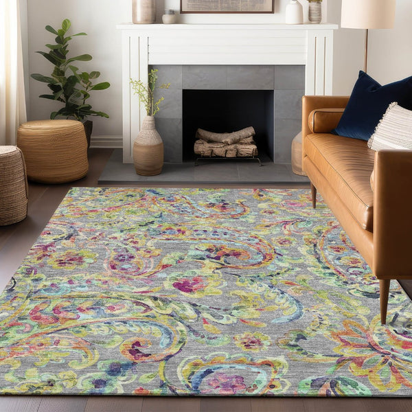 HomeRoots 10' X 14' Washable Gray Blue Pink Paisley Area Rug with UV Protection - Stylish, Durable, Family-Friendly! 666962