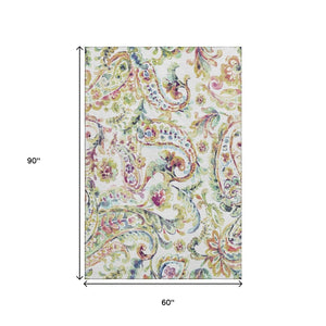 HomeRoots 5' X 8' Elegant Paisley Washable Area Rug in Ivory, Blue & Pink - UV Protection & Stain-Resistant! 666964