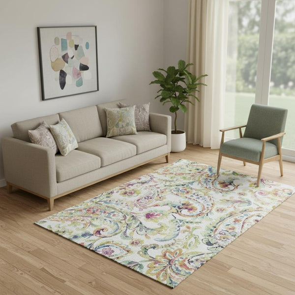 HomeRoots 5' X 8' Elegant Paisley Washable Area Rug in Ivory, Blue & Pink - UV Protection & Stain-Resistant! 666964