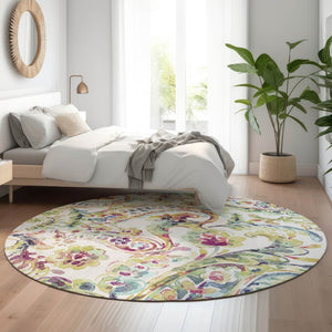 HomeRoots 8' Soft Ivory Blue Pink Paisley Round Rug - Washable, UV Protected, Durable for Family & Pets 666965