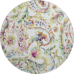 HomeRoots 8' Soft Ivory Blue Pink Paisley Round Rug - Washable, UV Protected, Durable for Family & Pets 666965