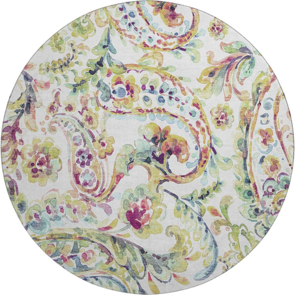 HomeRoots 8' Soft Ivory Blue Pink Paisley Round Rug - Washable, UV Protected, Durable for Family & Pets 666965