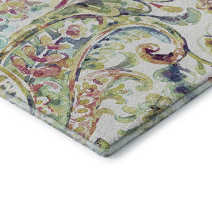 HomeRoots 8' Soft Ivory Blue Pink Paisley Round Rug - Washable, UV Protected, Durable for Family & Pets 666965