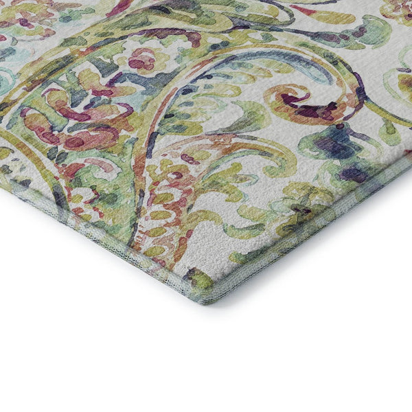 HomeRoots 8' Soft Ivory Blue Pink Paisley Round Rug - Washable, UV Protected, Durable for Family & Pets 666965