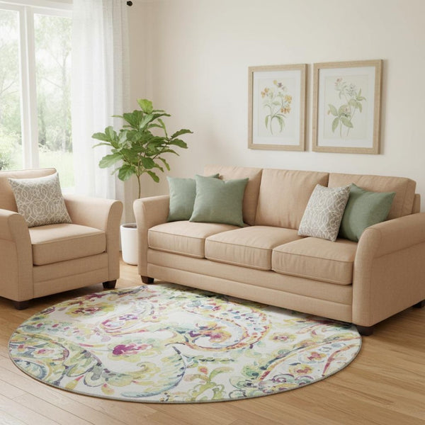 HomeRoots 8' Soft Ivory Blue Pink Paisley Round Rug - Washable, UV Protected, Durable for Family & Pets 666965