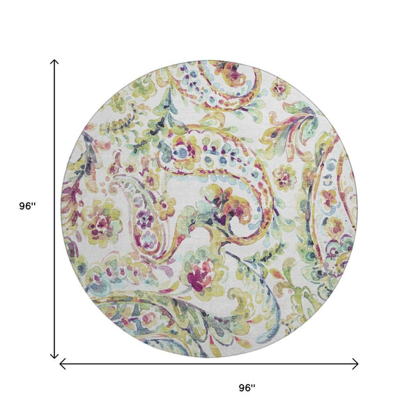 HomeRoots 8' Soft Ivory Blue Pink Paisley Round Rug - Washable, UV Protected, Durable for Family & Pets 666965