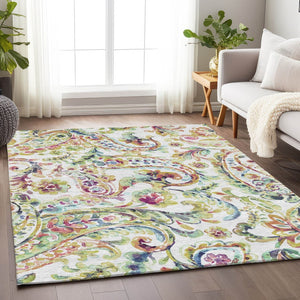 HomeRoots 8' X 10' Elegant Ivory, Blue, and Pink Paisley Area Rug - Washable with UV Protection & Durable Design 666966